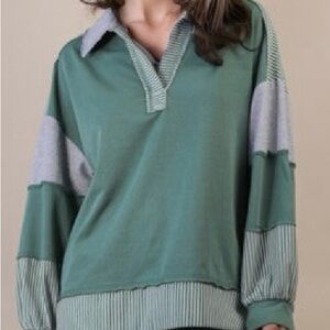 Very J Green and Gray Striped Blouse